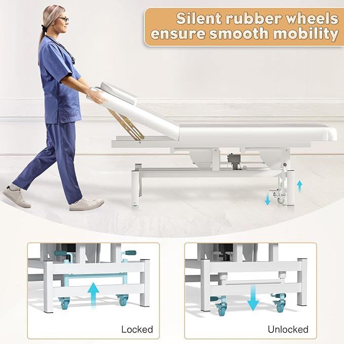 Stationary Massage Table with Memory Foam, Massage TattooTable with Adjustable Height, Facial Bed for Esthetician, PU Leather for Physical Therapy & Spa (Metal/ 2 Molds-White, 44.7''L x 22''W) Kick Boosters