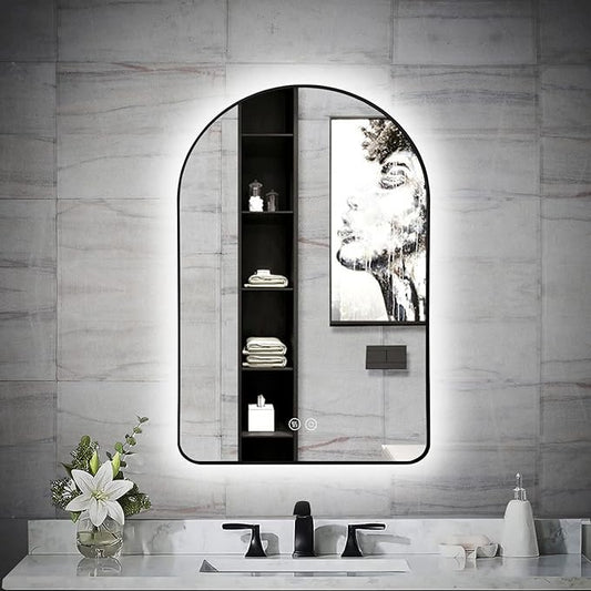 Niccy Arched LED Lighted Bathroom Mirror, 36x24 Inch Backlit Vanity Mirror with Lights Brushed Black Framed Wall Mounted Mirrors with Dimmable 3 Color Shatterproof Arch Smart Fog Free Mirror Niccy