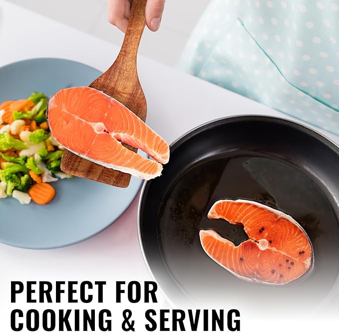 Zulay Kitchen Teak Wood Slotted Spatula – Durable & Heat-Resistant Cooking Utensil for Non-Stick Pans – Wooden Turner for Stirring, Flipping & Serving - Brown ZulayKitchen
