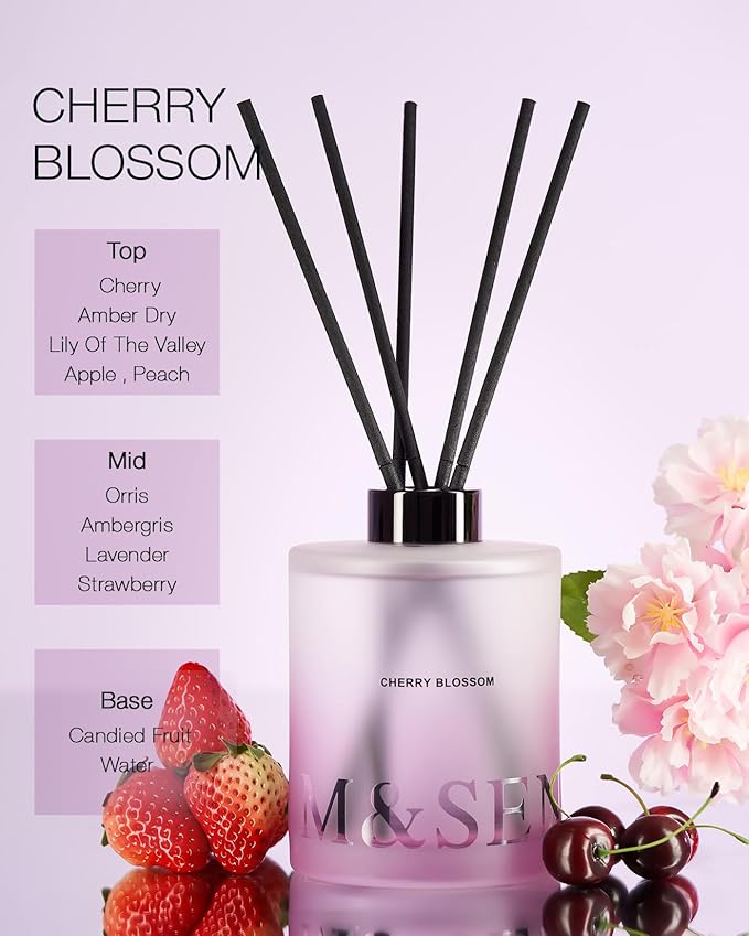 M&SENSE Cherry Blossom Reed Diffuser Set - 16.9 fl oz Long-Lasting Scent, Non-Toxic Natural Essential Oil Diffuser with Sticks, Home Fragrance Diffuser Gift for Office Bathroom Bedroom MSENSE