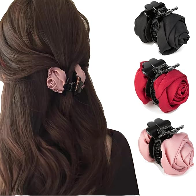Rose Hair Clip,1.61 Inch Small Flower Hair Claw Clip,Satin Rose Elegant Hair Flowers Claw Clip Floral Wedding Hair Accessories Birthday Thanksgiving Gift for Women Girls (Pink Red Black) Agirlvct