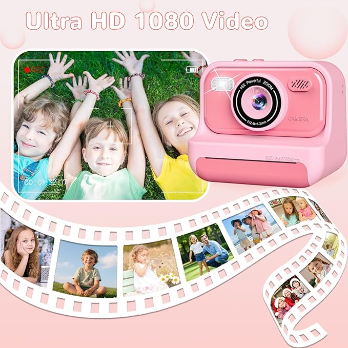 Instant Print Camera for Kids,2.4 Inch Screen Kids Digital Cameras, Christmas Birthday Gifts for Girls Age 3-12, Portable Toddler Travel Toy for 3 4 5 6 7 8 9 10 Year Old Girls Boys Eaever