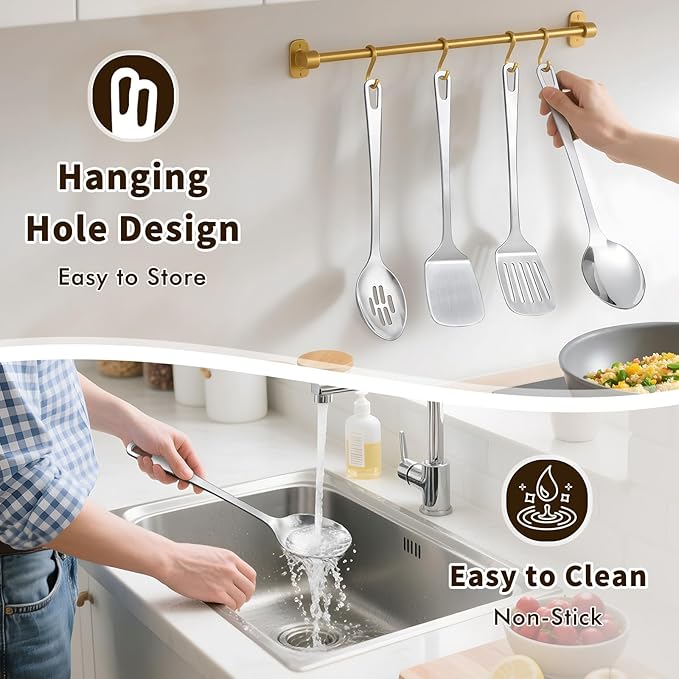 4 Pcs Cooking Utensils Set, Stainless Steel Kitchen Utensils, Heat Resistant Metal Kitchen Tools Include Solid & Slotted Turner Wok Spatula, Serving Spoon, Ergonomic Handle, Easy to Clean, Silver Kick Boosters