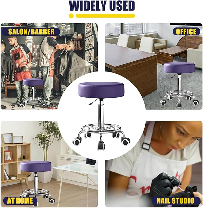 Rolling Stool, Heavy Weight Capacity 250lb, PU Leather Rolling stools, Ultra Soft Padded Seat, Rolling Stools with Wheels and Footrest, 360° Swivel, Spa Drawing Salon Work Office Tattoo Stool (Purple) YEEZEE