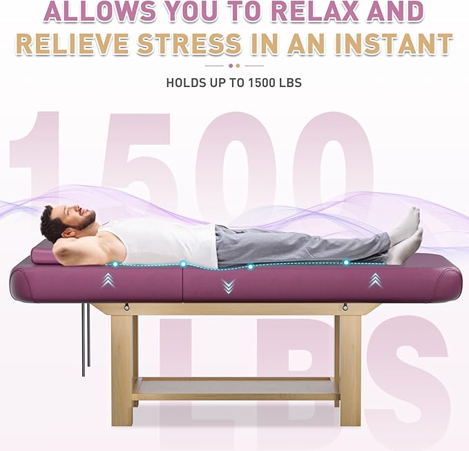 Stationary Massage Table with Memory Foam, Massage TattooTable with Adjustable Height, Facial Bed for Esthetician, PU Leather for Physical Therapy & Spa (Wood/RED, 75''L x 28''W x 25''H) Kick Boosters