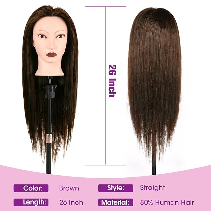 26" Mannequin Head Human Hair, Cosmetology Mannequin Head with 80% Human Hair, Practice Training Doll Head with Clamp Holder and Tools (Dark Brown) MYSWEETY