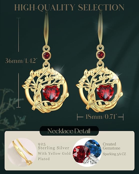 FANCIME Tree of Life Dangle Drop Earrings 925 Sterling Silver Dainty Round Gemstone Birthstone Earring Fine Jewelry Birthday Christmas Gifts for Her Women FANCIME