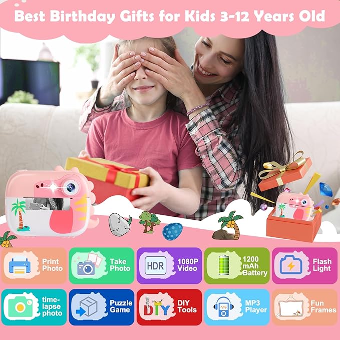 Kids Camera Instant Print,Children Digital Camera Toys with HD Video for Kids Aged 3-12,Christmas Birthday Festival Present for Girls Boys,with 7 Rolls Instant Paper,M3 ARNSSIEN