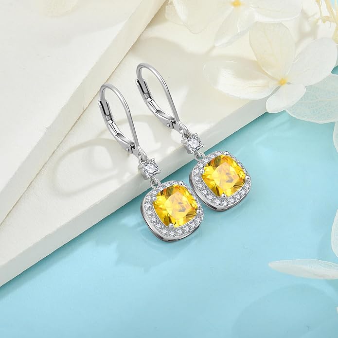Women Leverback Earrings 925 Sterling Silver Princess Cut Halo Earrings Birthstone Dangle Drop Earrings for Women Her Mom Wife INPASNE