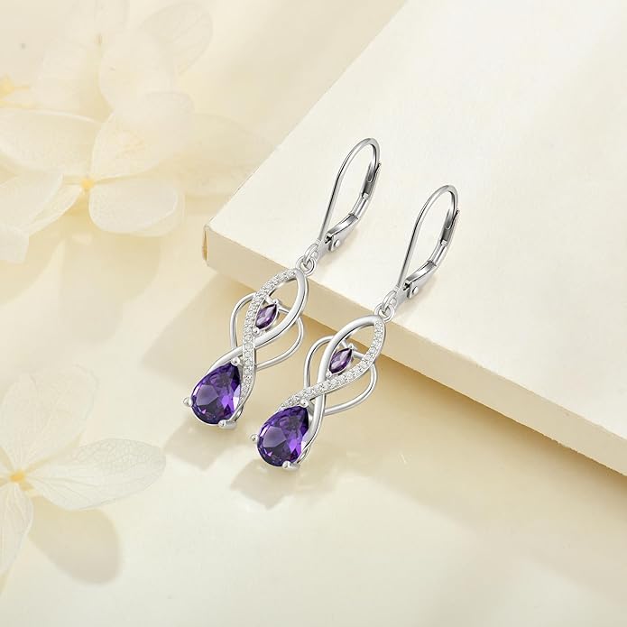 Infinity Butterfly Earrings 925 Sterling Silver Birthstone Dangle Drop Leverback Earrings Cubic Zirconia Hypoallergenic Jewelry Birthday Christmas Gifts for Women Mother Wife Her FYNSBLE