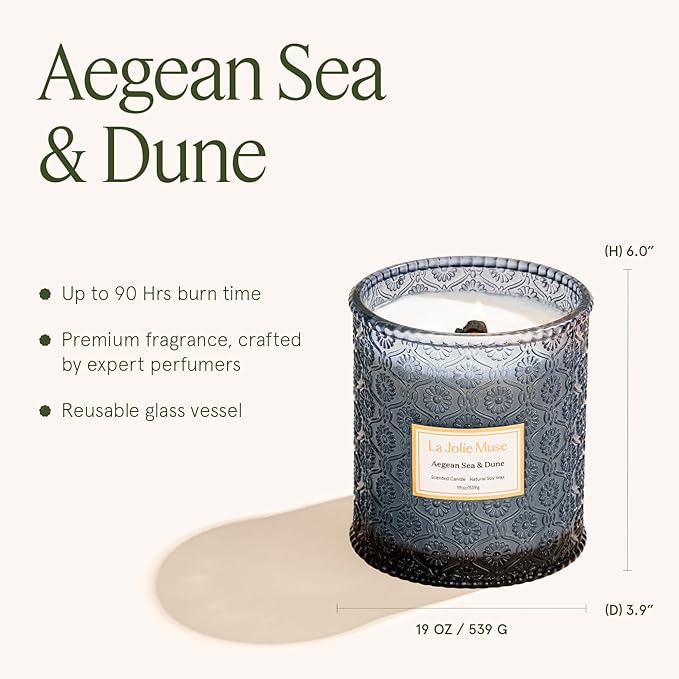 LA JOLIE MUSE Aegean Sea & Dune Candle –Cool Water, White Florals & Warm Amber | 19 oz Large Wooden Wick Candle | Natural Soy Wax | 90 Hours Clean Burn | Gift-Ready for Hosts & Gatherings LaJol%C3%ADeMuse