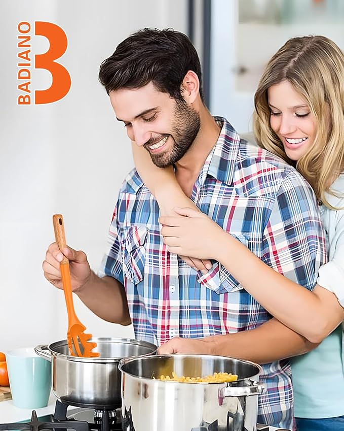 Silicone Pasta Fork, Kitchen Heat Resistant Noodle Spoon Server, BPA Free Spaghetti Strainer,12.8 inch (ORANGE) BADIANO