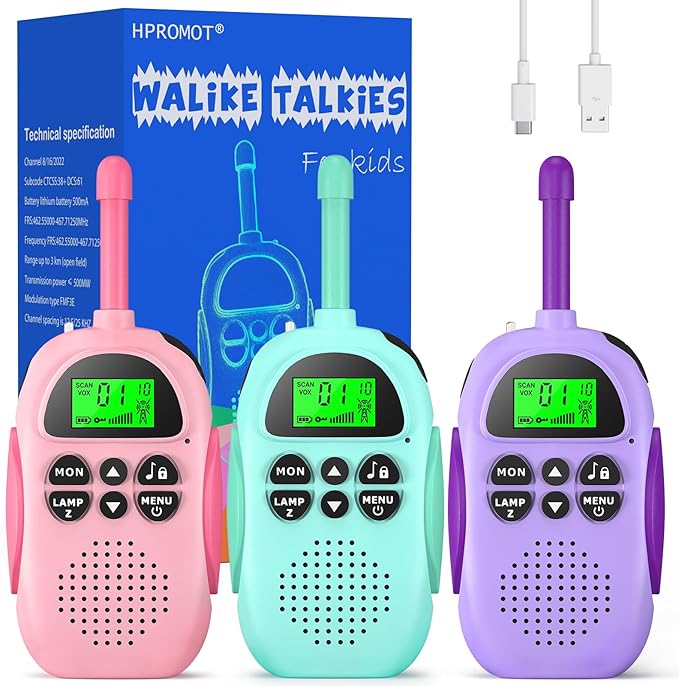 Walkie Talkies for Kids Rechargeable 3 Pack Walkie Talkies, Long Range 22 Channels 2 Way Radio Kids Birthday Toy Gift for 3-12 Year Old Boys Girls Outdoor Adventures Camping Hiking HPROMOT