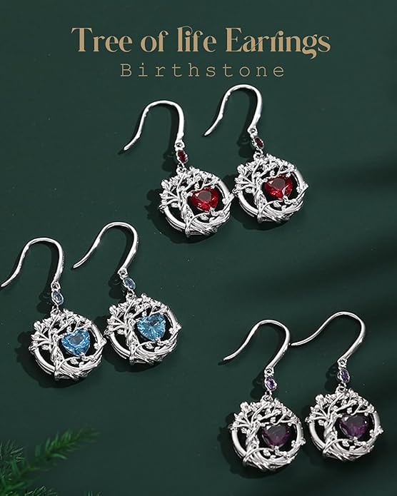 FANCIME Tree of Life Dangle Drop Earrings 925 Sterling Silver Dainty Round Gemstone Birthstone Earring Fine Jewelry Birthday Christmas Gifts for Her Women FANCIME
