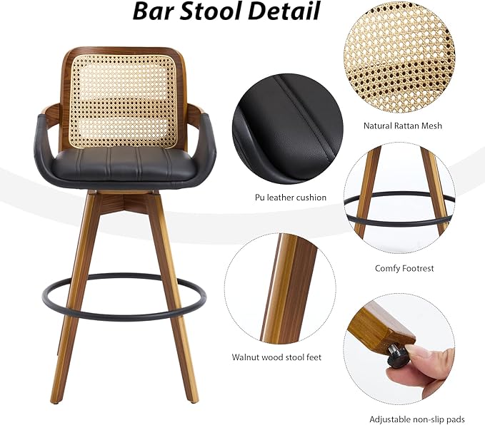 Bar Stools Set of 2, 26" Faux Leather Modern Swivel Barstools with Rattan Back, Counter Height Boho Bar Chairs for Kitchen Island or Home Bar - Black VipDesk