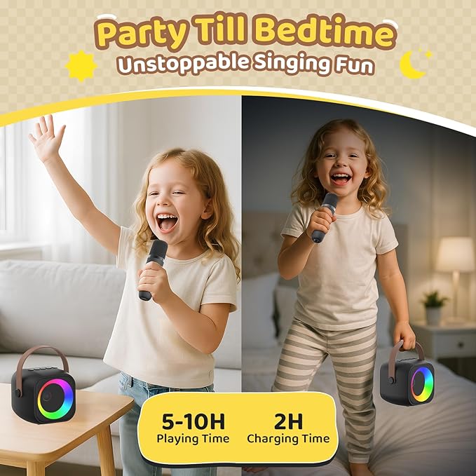 Mini Karaoke Machine, Portable Bluetooth Karaoke Speaker with 2 Wireless Microphones, Singing Machine with Party Lights for Kids and Adults, Birthday Gifts for Girls Boys Family Home Party Kick Boosters