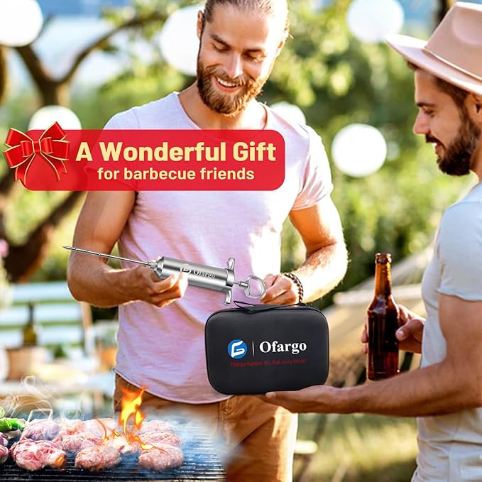 Ofargo Stainless Steel Meat Injector Syringe with 4 Marinade Needles and Travel Case for BBQ Grill Smoker, gifts for men dad husband in Thanksgiving Christmas day GreatgiftsidealforThanksgivingandX-mas