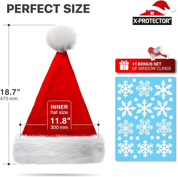 X-Protector Santa Hat - Large Christmas Hat for Adults - Fluffy Christmas Hats for Women and Men - Red Velvet Santa Cap! X-Protector
