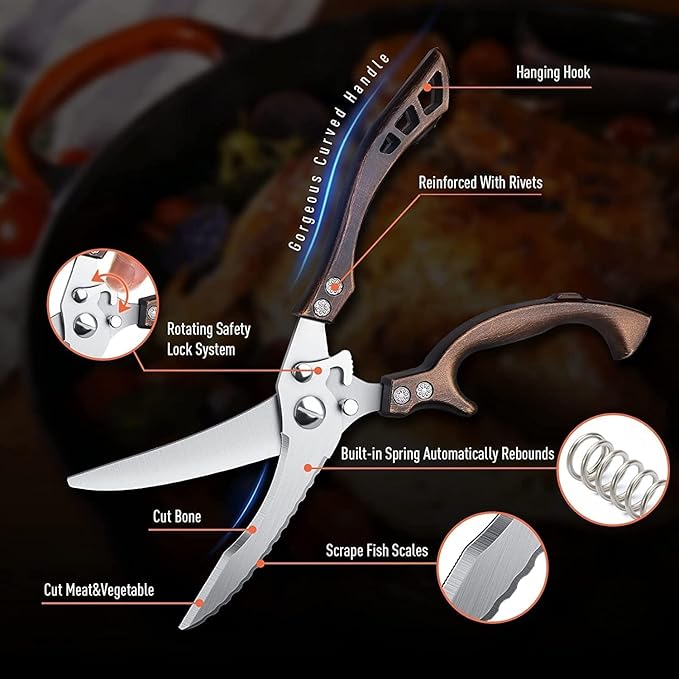 Poultry Shears, Heavy Duty Kitchen Shears with Serrated Edge, No Rust Spring Loaded, Multipurpose Stainless Steel Kitchen Scissors for Chicken, Bone, Meat, Turkey, Fish Thanksgiving Christmas Gifts DreamReach
