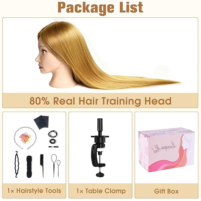 26" Mannequin Head Human Hair, MYSWEETY Cosmetology Mannequin Head with 80% Human Hair, Practice Training Doll Head with Clamp Holder and Tools (Golden) MYSWEETY