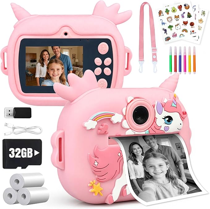 Kids Camera Instant Print, 1080P Kids Instant Cameras with Photo Printing and Fun Learning, Christmas Stuffers Birthday Gifts for Girls Age 3-12, Portable Toy for 3 4 5 6 7 8 9 10 Girls Boys, Pink Kick Boosters