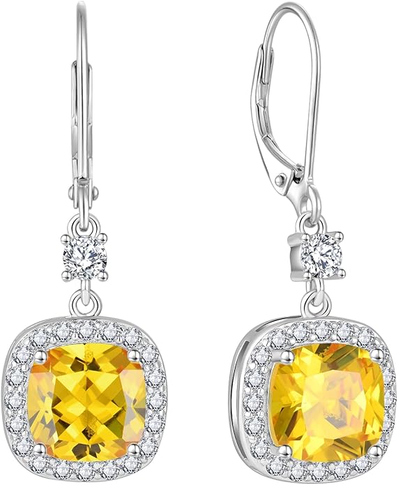Women Leverback Earrings 925 Sterling Silver Princess Cut Halo Earrings Birthstone Dangle Drop Earrings for Women Her Mom Wife INPASNE