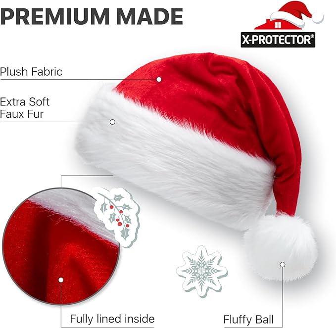 X-Protector Santa Hat - Large Christmas Hat for Adults - Fluffy Christmas Hats for Women and Men - Red Velvet Santa Cap! X-Protector