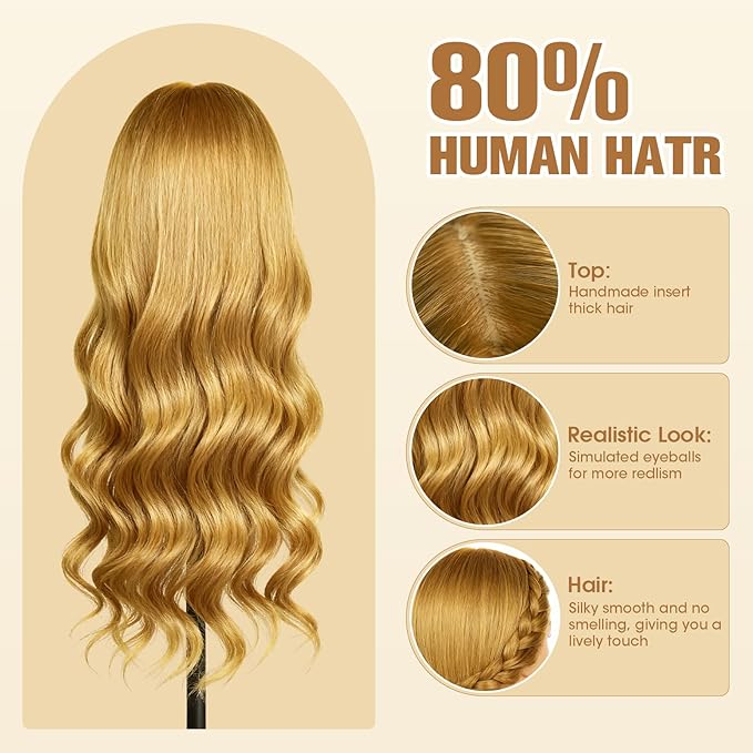 26" Mannequin Head Human Hair, MYSWEETY Cosmetology Mannequin Head with 80% Human Hair, Practice Training Doll Head with Clamp Holder and Tools (Golden) MYSWEETY