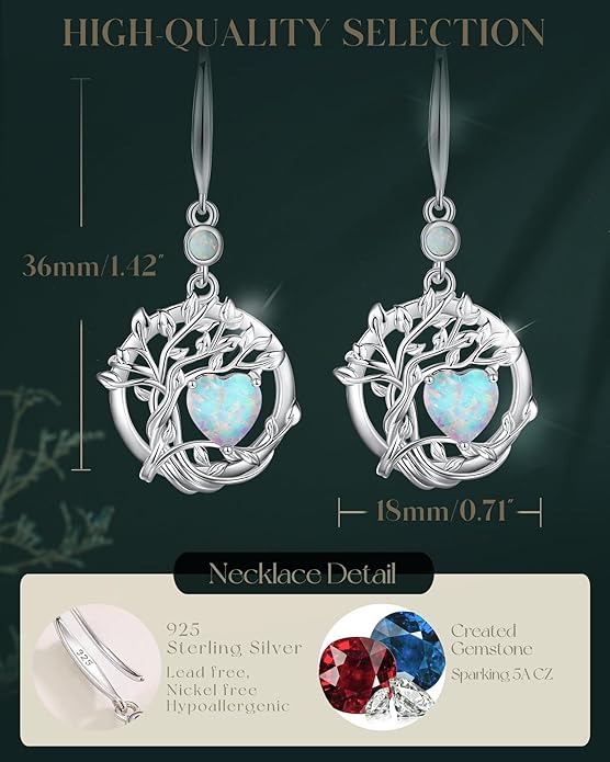 FANCIME Tree of Life Dangle Drop Earrings 925 Sterling Silver Dainty Round Gemstone Birthstone Earring Fine Jewelry Birthday Christmas Gifts for Her Women FANCIME
