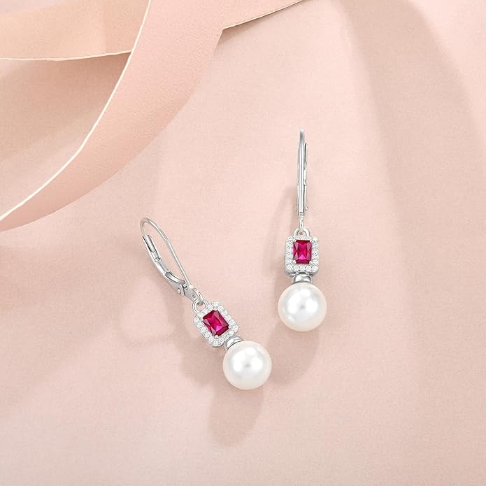 Pearl Drop Earrings Dangling 925 Sterling Silver Emerald Cut Leverback Earrings Birthstone Jewelry for Women INPASNE