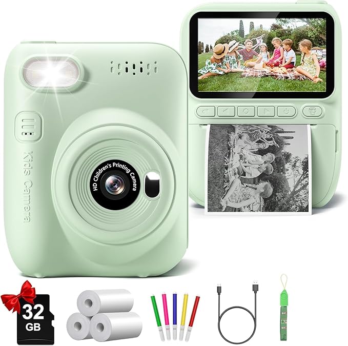 Kids Camera Instant Print, 3.0" HD 32MP 1080P Toddler Digital Camera with 3 Rolls of Printer Paper, Birthday Gifts Toy for 3-12 Year Old Girls Boys with 32GB SD Card-Green Gofunly
