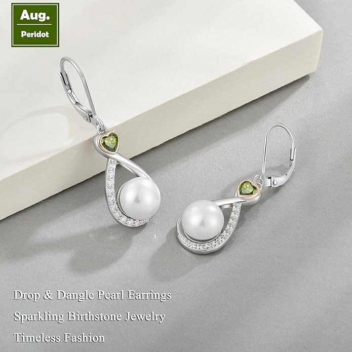Heart Birthstone Pearl Earrings, 925 Sterling Silver Infinity Dangle Drop Leverback Earrings, 9mm Freshwater Cultured Pearl & 4mm Gemstone Jewelry Valentine's Day Gift for Women VESHONJEWELRY