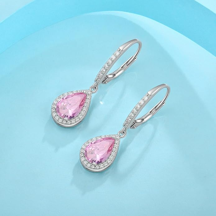 FJ Teardrop Dangle Drop Earrings 925 Sterling Silver Halo Leverback Earrings Birthstone Jewelry Gifts for Women FJ
