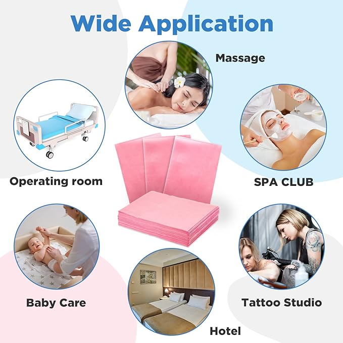 Tegeme 150 Pieces Disposable Massage Table Sheets 31" x 70" Waterproof Bed Sheets Non Woven Bed Cover for Massage Table Beauty Salons Tatto Spa Hotels(Pink) Tegeme