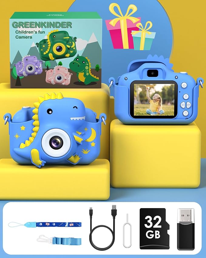 Kids Camera, Dinosaur Toddler Digital Camera for Boys Girls, Christmas Birthday Gifts, Selfie 1080P Camera for 3 4 5 6 7 8 9 Years Old Toys Dark Blue GREENKINDERKidsCamera
