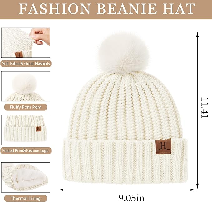 Womens Winter Warm Beanie Hat Long Neck Scarf Touchscreen Gloves Set Knit Skull Caps Pompom Fleece Gifts FZFANTASTICZONE