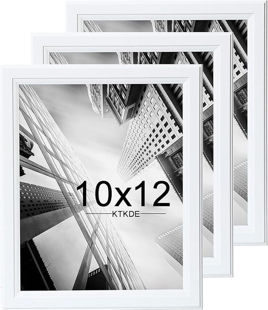 KTKDE 10x12 Picture Frame Set of 3,White Wooded Shatter Resistant Glass, Vertical & Horizontal Wall Hanging for Wall or Tapletop Display,Studio Gallery Photo Frame for Photos, Posters & Art Prints KTKDE