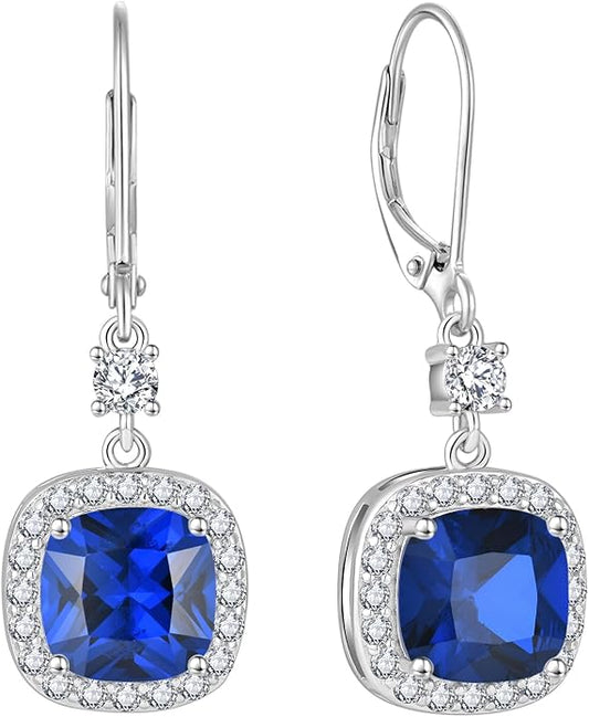 Women Leverback Earrings 925 Sterling Silver Princess Cut Halo Earrings Birthstone Dangle Drop Earrings for Women Her Mom Wife INPASNE
