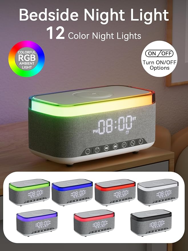 Bluetooth Speaker Alarm Clock with 10w Fast Wireless Charger for iPhone Samsung, 10W Stereo Bluetooth Speaker, 12-Color Night Light, White Noise Machine Digital Clock with FM Radio for Bedroom REATSOC