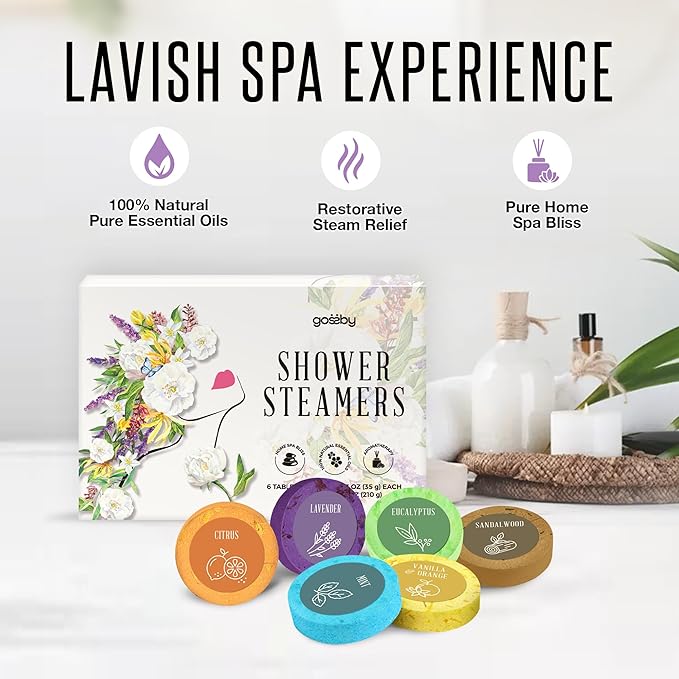 Shower Steamers Aromatherapy GOSSBY 6 Pack - Gifts for Women, Birthday Gifts for Her, Home Spa, Shower Bombs, Self Care, Relaxation, Lavender Essential Oil, Teen Girl Gifts - Serene Essence Style Gossby