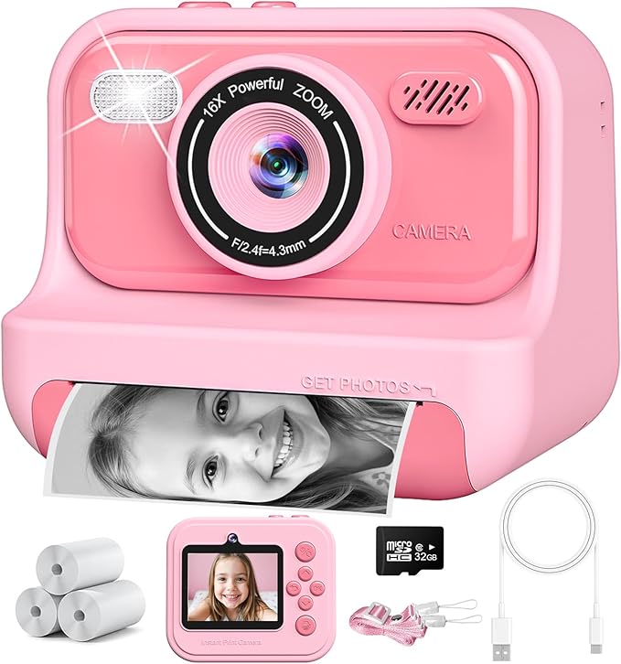 Instant Print Camera for Kids,2.4 Inch Screen Kids Digital Cameras, Christmas Birthday Gifts for Girls Age 3-12, Portable Toddler Travel Toy for 3 4 5 6 7 8 9 10 Year Old Girls Boys Eaever