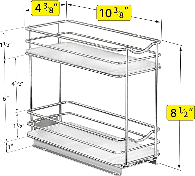 LYNK PROFESSIONAL® Pull Out Spice Rack Organizer for Inside Kitchen Cabinets - 4-3/8 inch Wide - Slide Out Drawer – Chrome Sliding Spice Cabinet Organization Shelf Racks - 2 Tier LYNKPROFESSIONAL