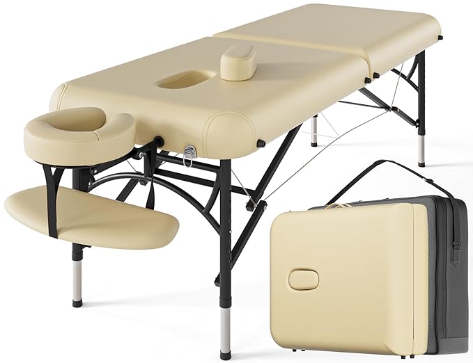 CLORIS 84" Professional Massage Table Portable 2 Folding Lightweight Facial Salon Spa Tattoo Bed Height Adjustable with Carrying Bag & Aluminium Leg Hold Up to 1100LBS Cream CLORIS-Direct