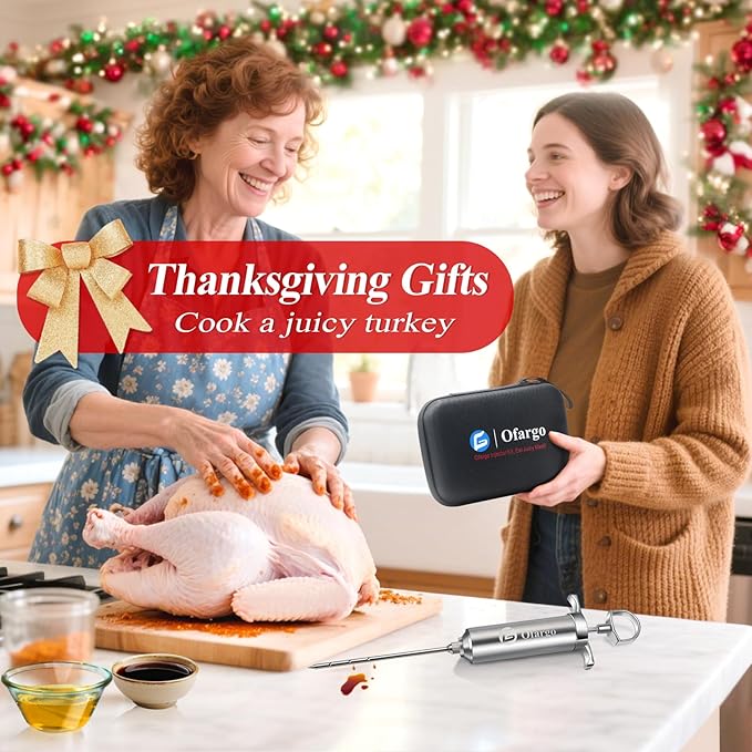 Ofargo Stainless Steel Meat Injector Syringe with 4 Marinade Needles and Travel Case for BBQ Grill Smoker, gifts for men dad husband in Thanksgiving Christmas day GreatgiftsidealforThanksgivingandX-mas