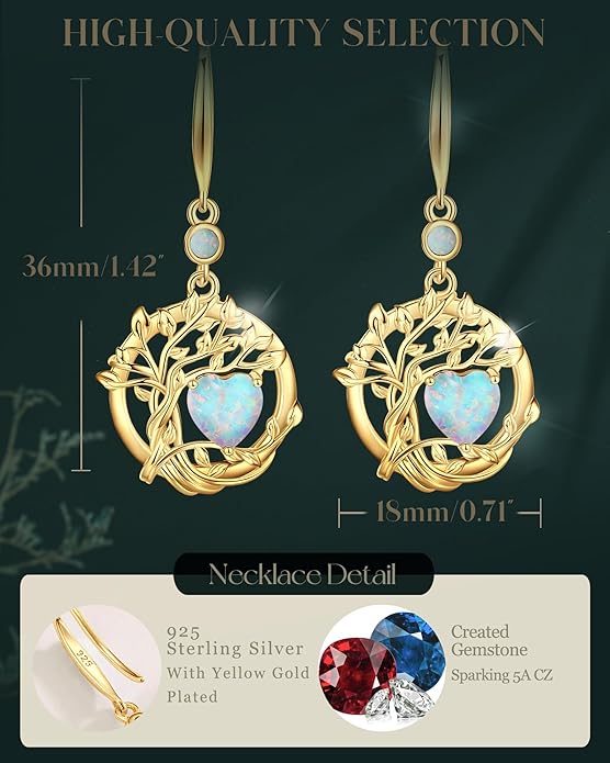 FANCIME Tree of Life Dangle Drop Earrings 925 Sterling Silver Dainty Round Gemstone Birthstone Earring Fine Jewelry Birthday Christmas Gifts for Her Women FANCIME