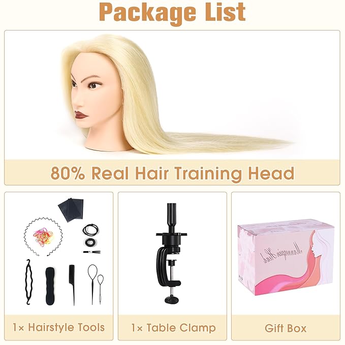 MYSWEETY Mannequin Head Human Hair, 26" Cosmetology Mannequin Head with 80% Human Hair, Doll Head for Hair Styling with Clamp Holder and Tools (White) MYSWEETY