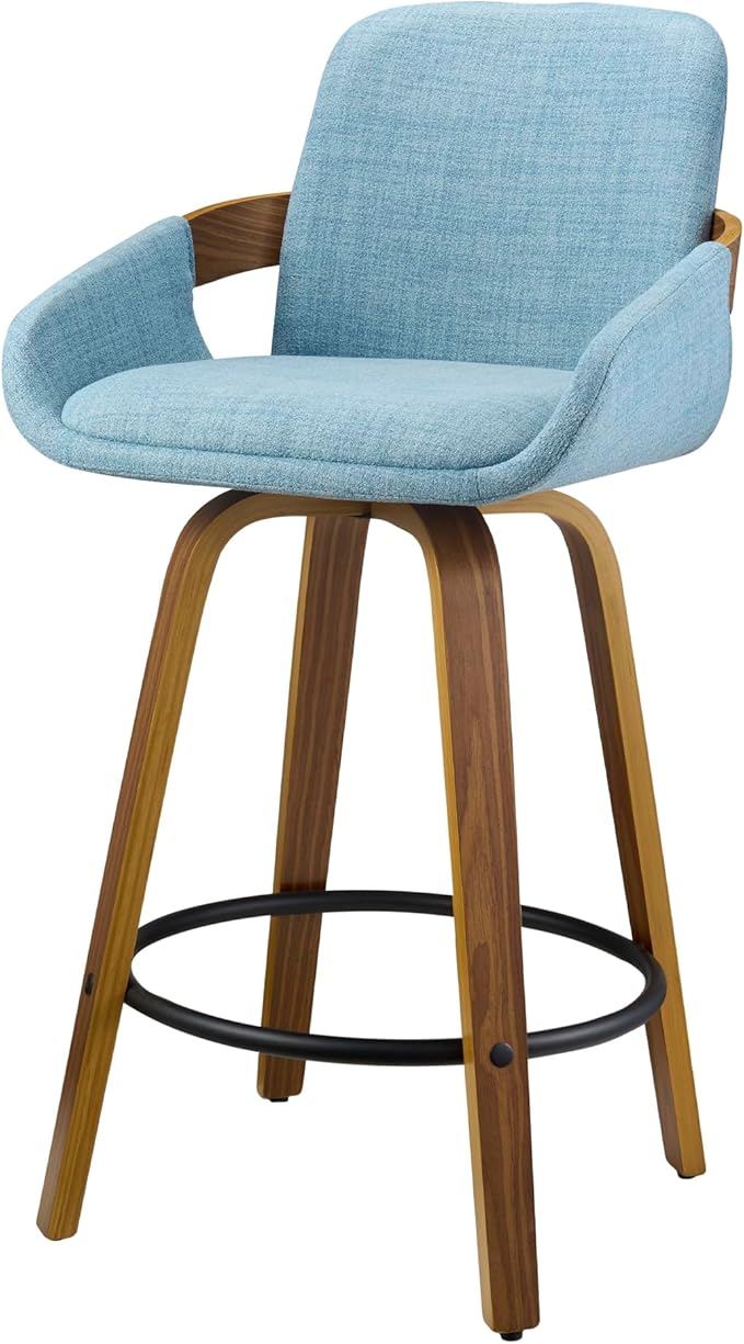 Bar Stool Set of 2, Fabric Counter High Stools with Back and Armrest 360° Swivel Walnut Bar Chair for Kitchen Island Home Dining - Blue VipDesk