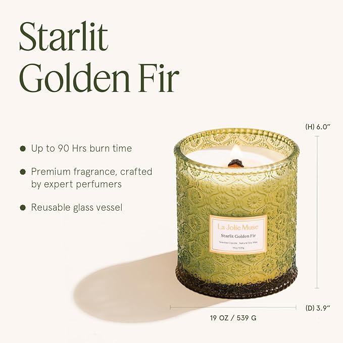 LA JOLIE MUSE Christmas Candle | Starlit Golden Fir | Pine, Cedarwood & Fir Balsam | 19 oz Large Wooden Wick Soy Candle | 90 Hours Clean Burn | Gift-Ready for Christmas & Winter Gatherings LaJol%C3%ADeMuse