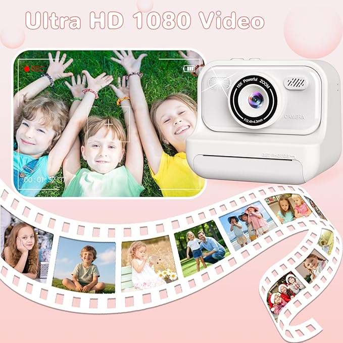 Kids Instant Print Camera,2.4 Inch Screen Kids Instant Cameras, Christmas Birthday Gifts for 3 4 5 6 7 8 9 10 Year Old Girls Boys, Portable Toddler Toy for Girls Age 3-12, White Eaever
