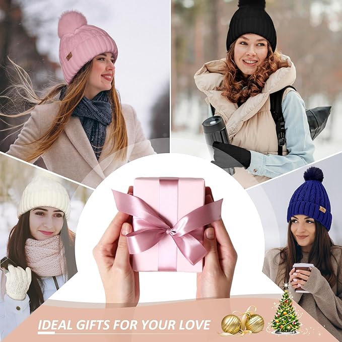 Womens Winter Warm Beanie Hat Long Scarf Touchscreen Gloves Set with Fleece Lined Skull Pom Caps 3 in 1 Set for Gift Kick Boosters